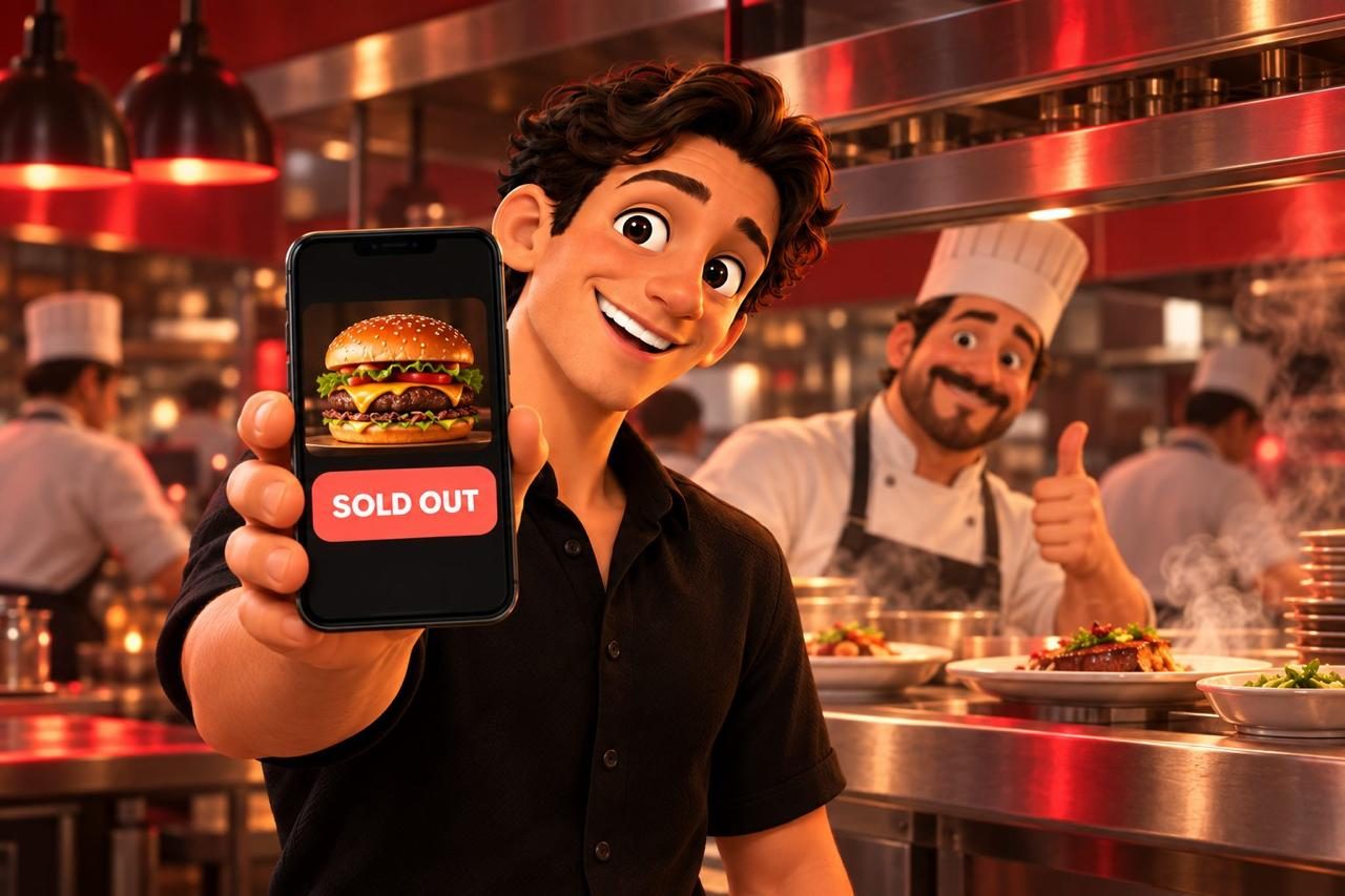 A phone showing a burger marked Sold Out, a chef giving a thumbs up