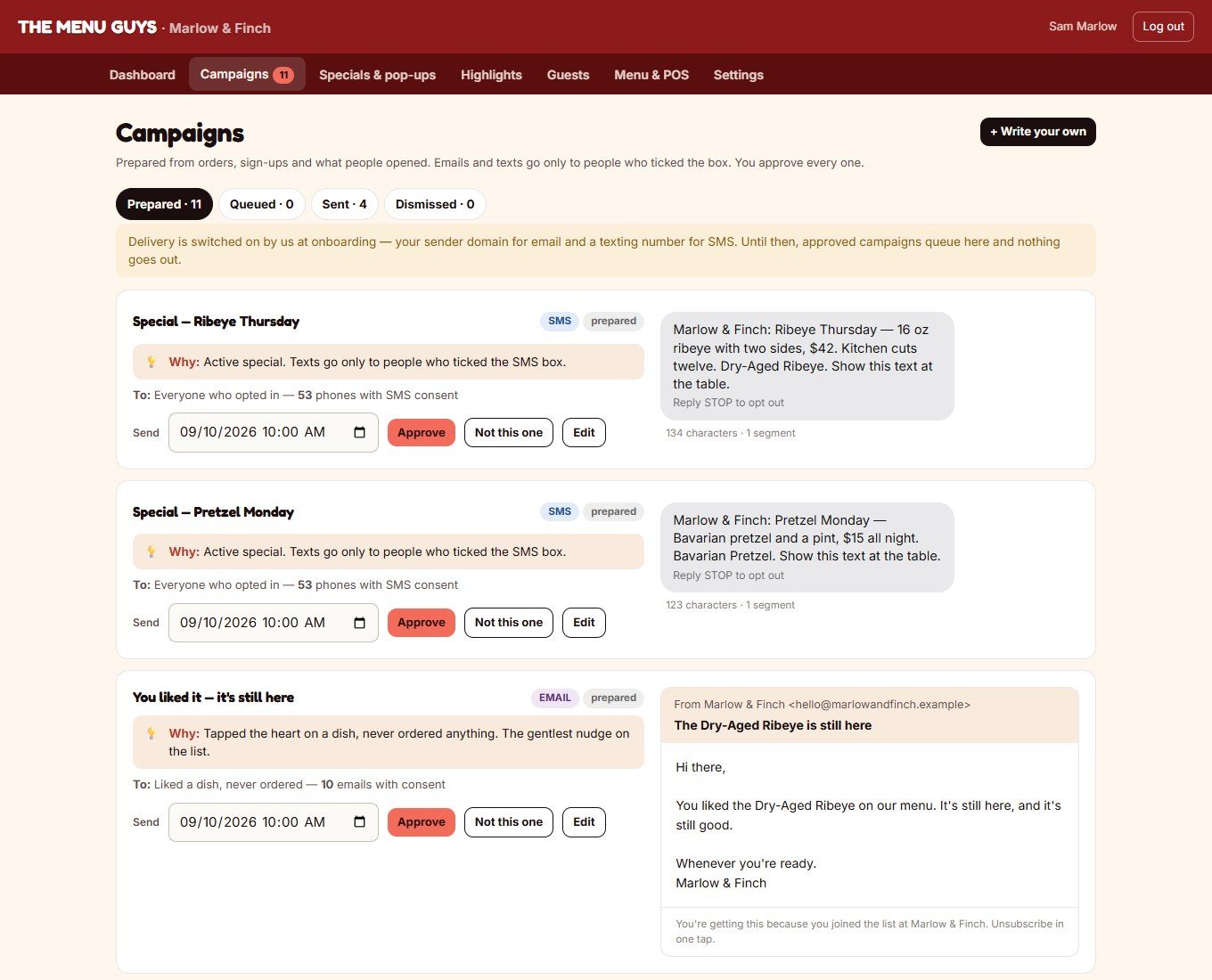 Campaigns page: prepared campaigns with the reason, audience count and a preview of the email or text
