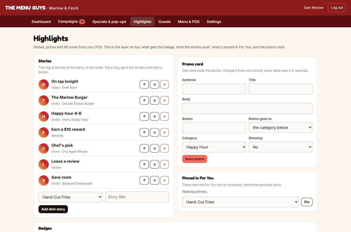 Highlights page: stories order, promo card, pinned For You, badges