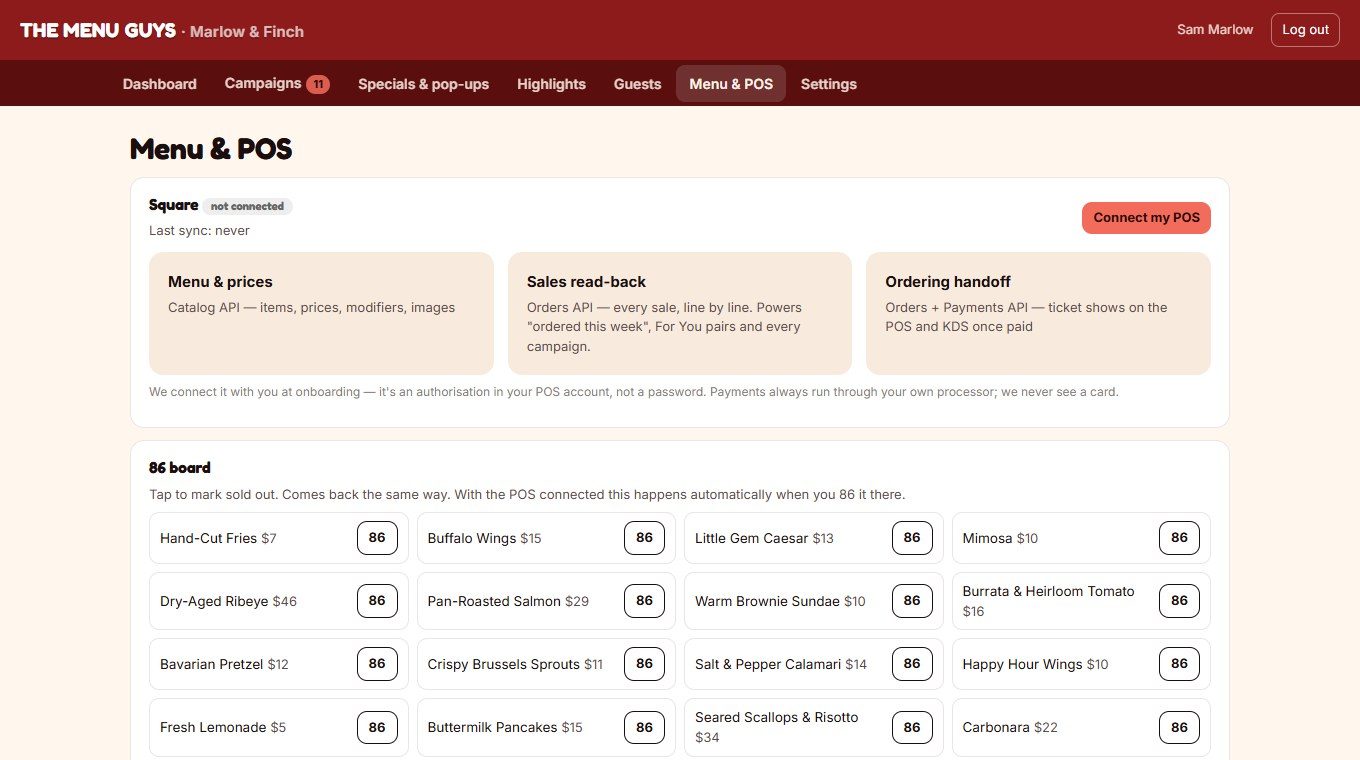 Menu and POS page with the Square connection card and the 86 board