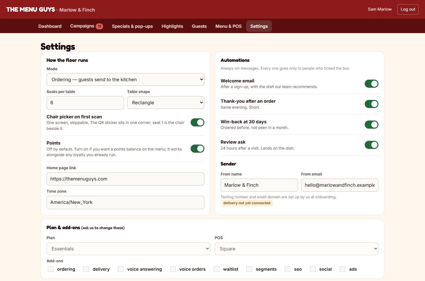 Settings page: floor mode, chair picker, points, automations