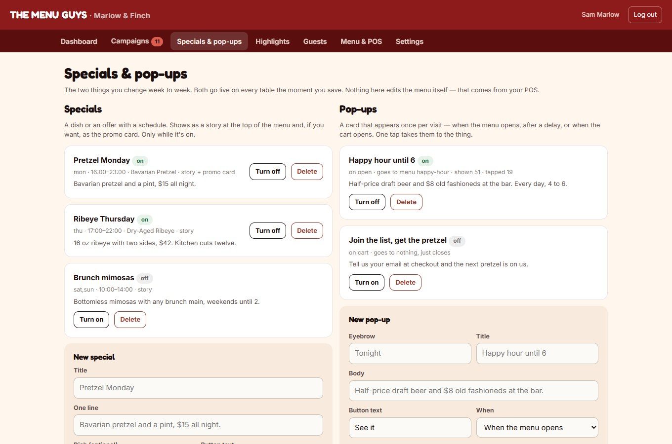 Specials and pop-ups page