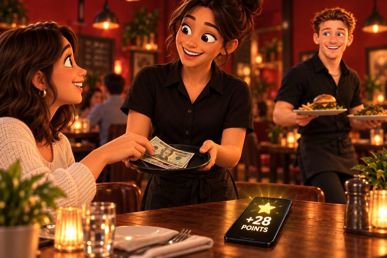 A guest paying the server in cash while her phone shows +28 points