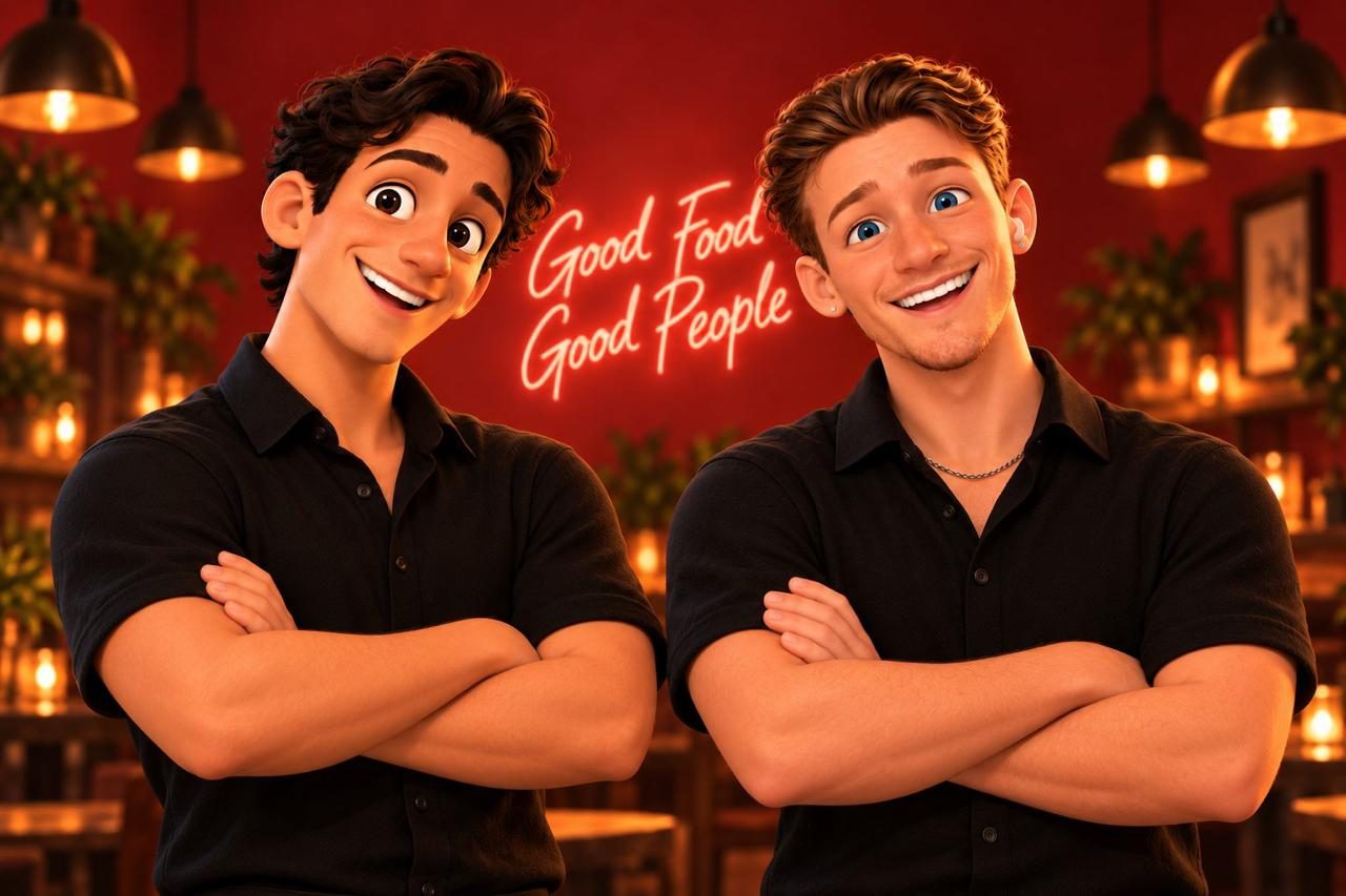 The Menu Guys, arms crossed, in front of the neon sign