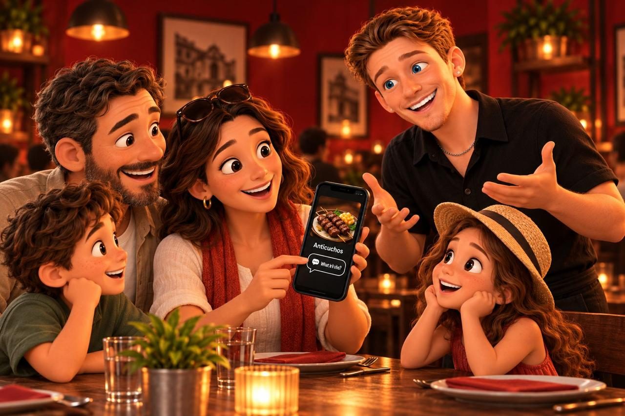 A family reading a dish explanation on the menu